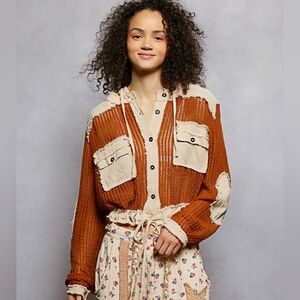 POL Boho Patchwork Button-Front Shacket Textured Colorblock Cottagecore Festival